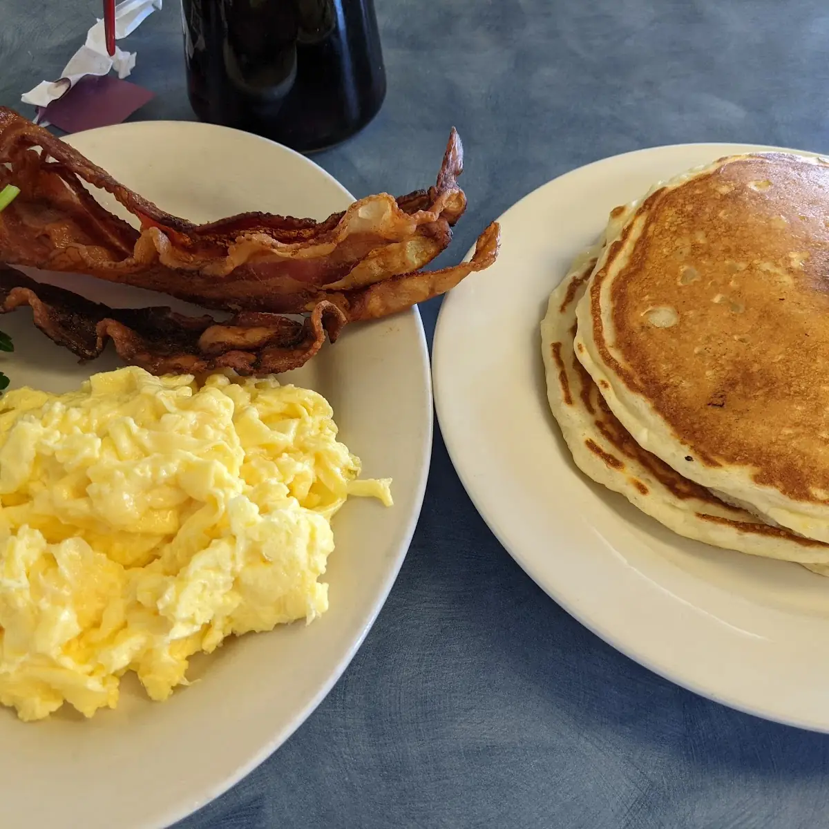 Scrambled Eggs with Bacon and Pancakes