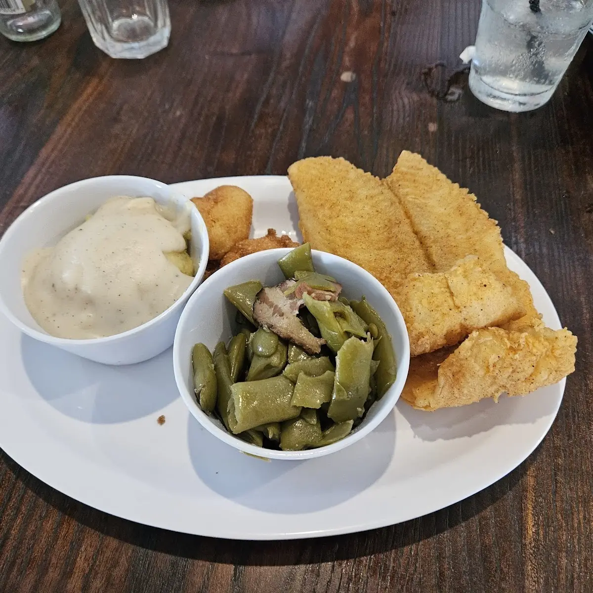 Fried Fish Green Beans and Mashed Potatoes