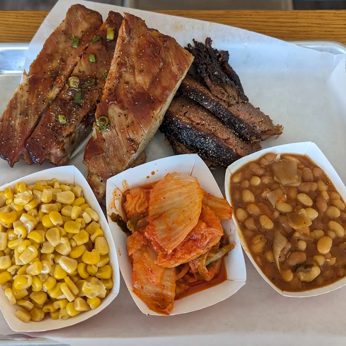 Pulled Pork Brisket Street Corn Kimchi Baked Beans