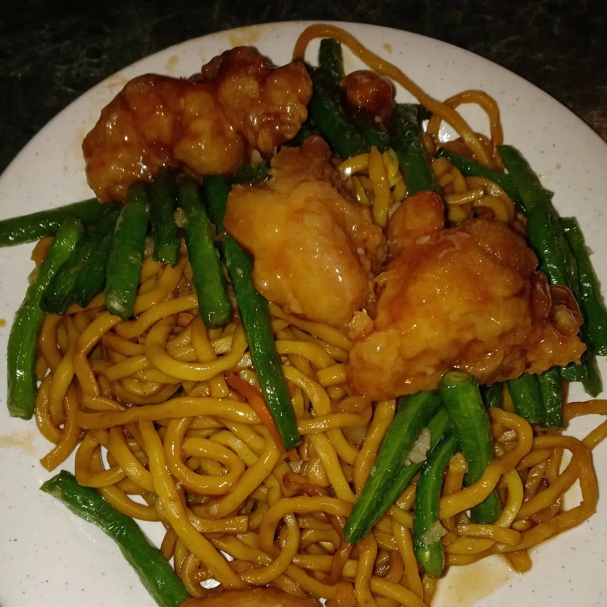 Lo Mein with String Beans and Orange Chicken