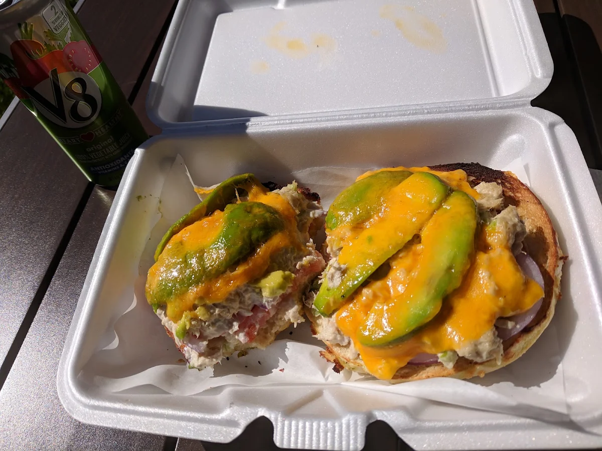 Tuna Melt on Pesto Cheese Bagel