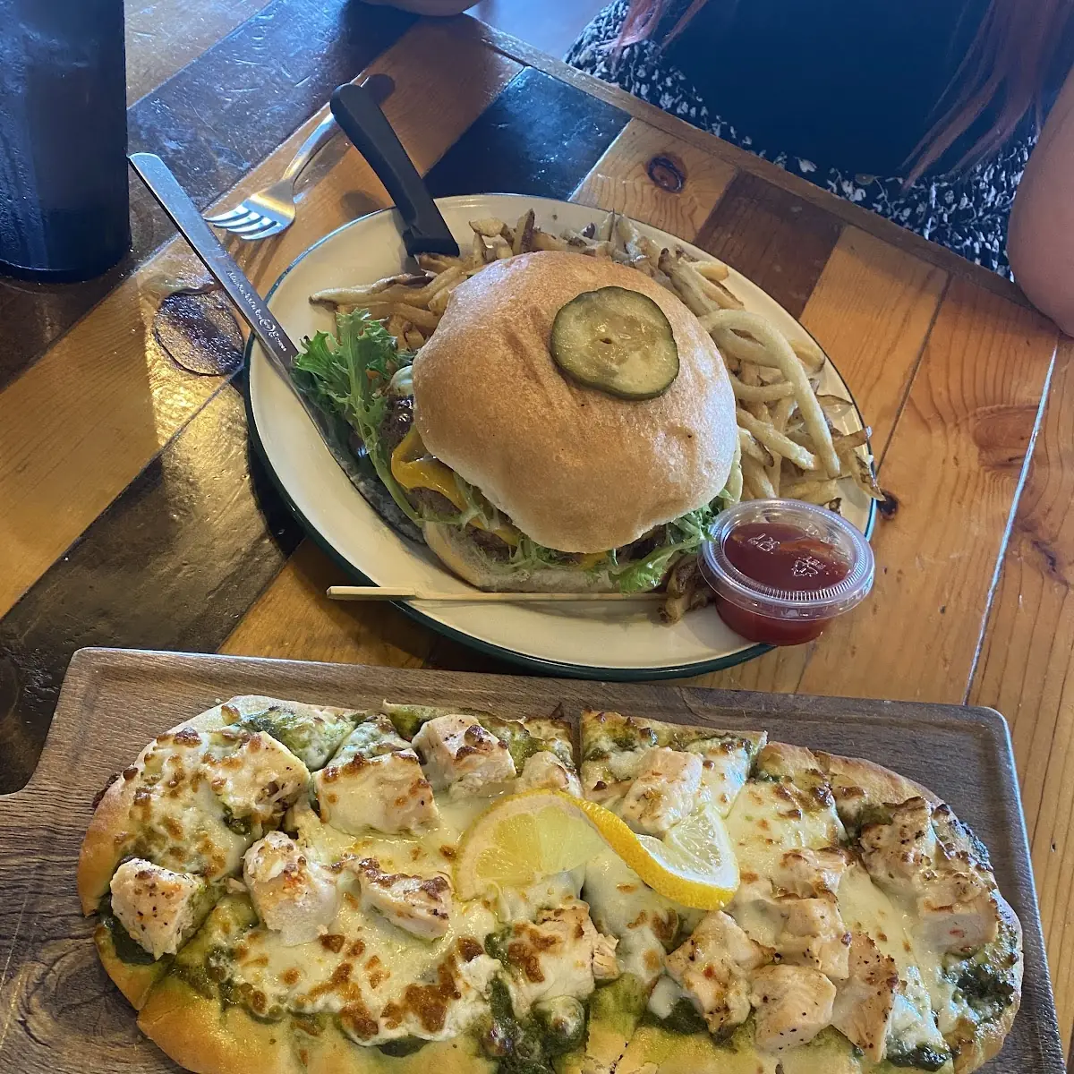 Bacon Jam Burger and Chicken Pesto Flatbread