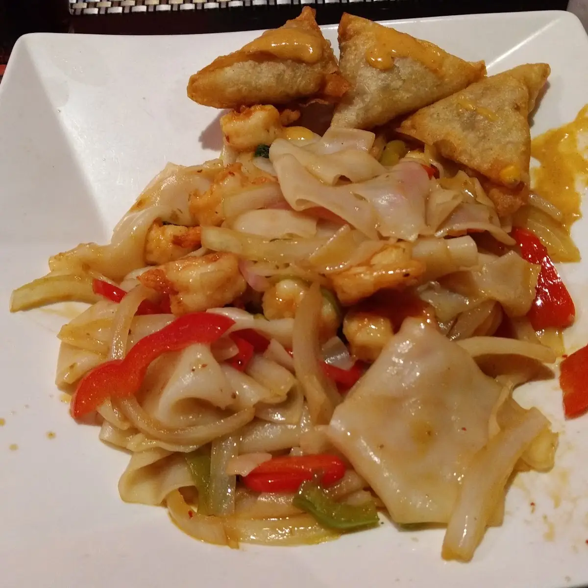 Drunken Noodles with Shrimp and Curry Samosas