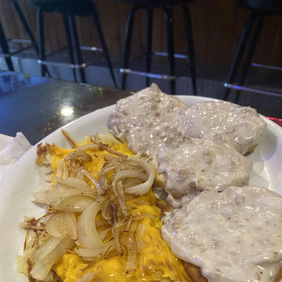 Biscuits and Gravy with Cheesy Hash Browns and Scrambled Eggs
