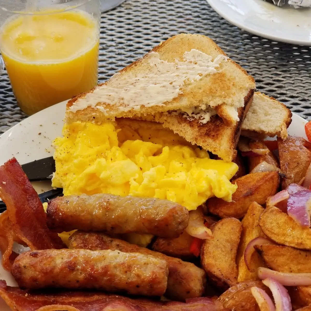 Scrambled Eggs Bacon Sausage & Potatoes