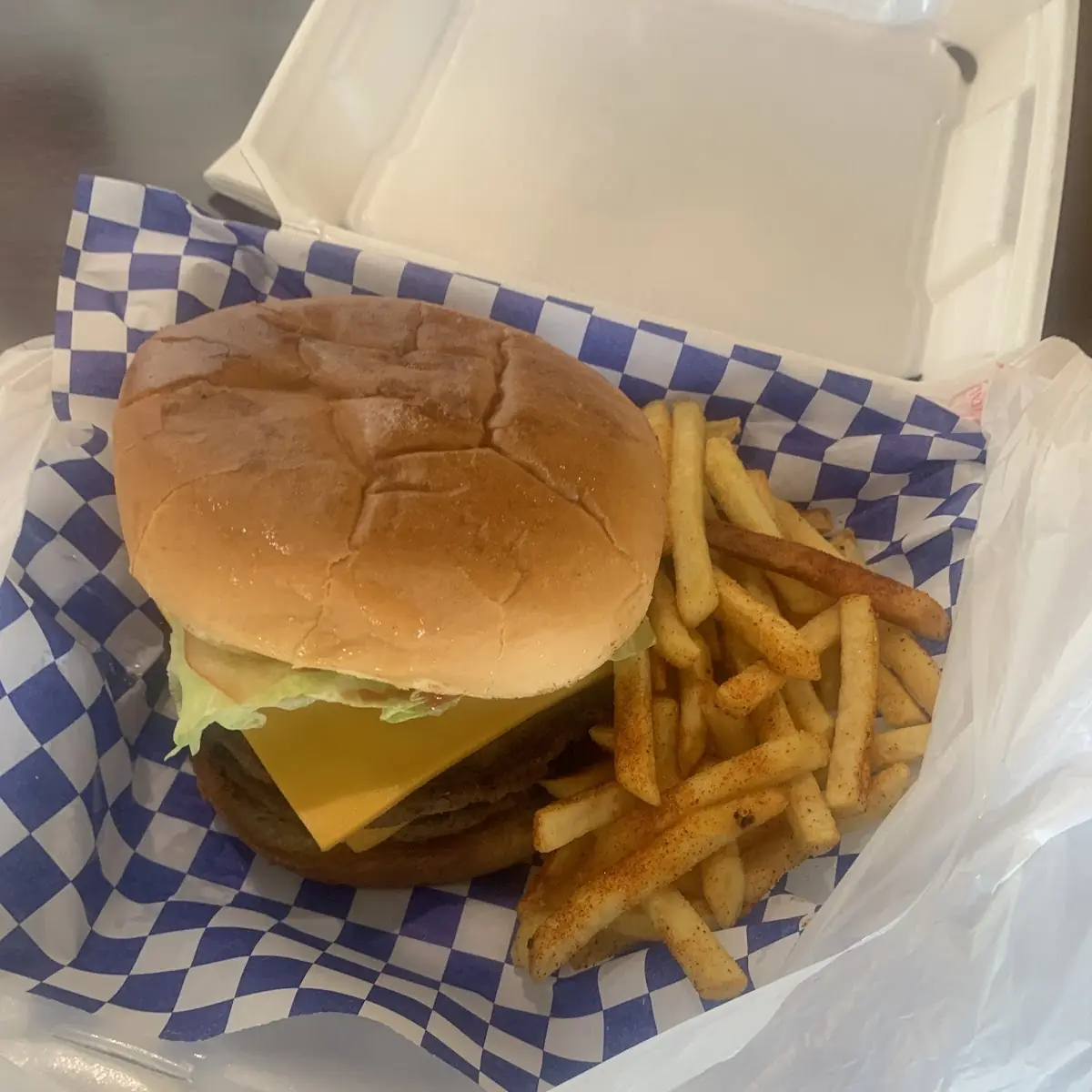 Burgers Fries and Onion Rings