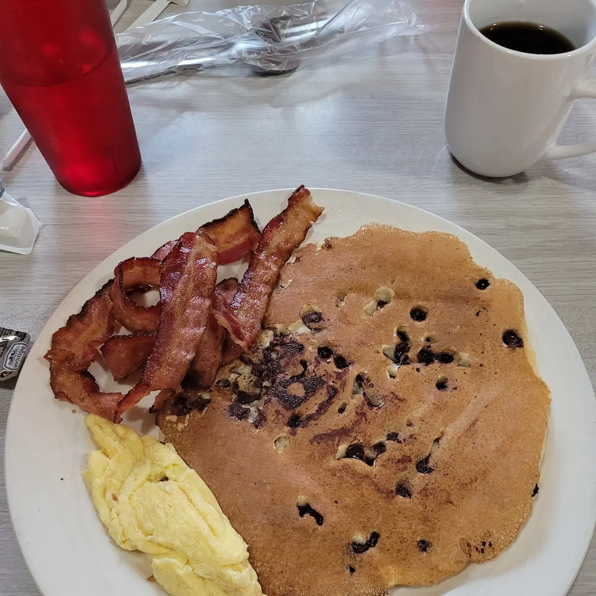 Chocolate Chip Pancake Bacon Egg