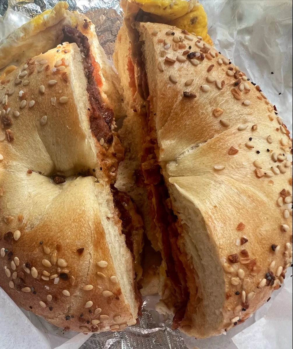 Turkey Bacon Egg and Cheese on an Everything Bagel