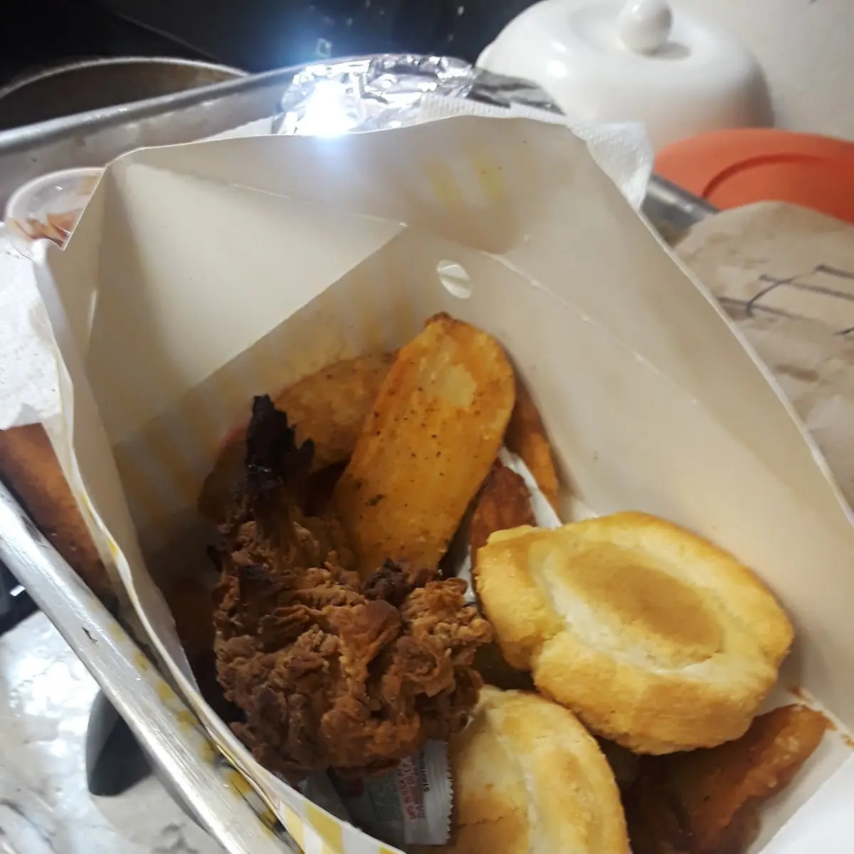 Fried Chicken Honey Biscuits and Fries
