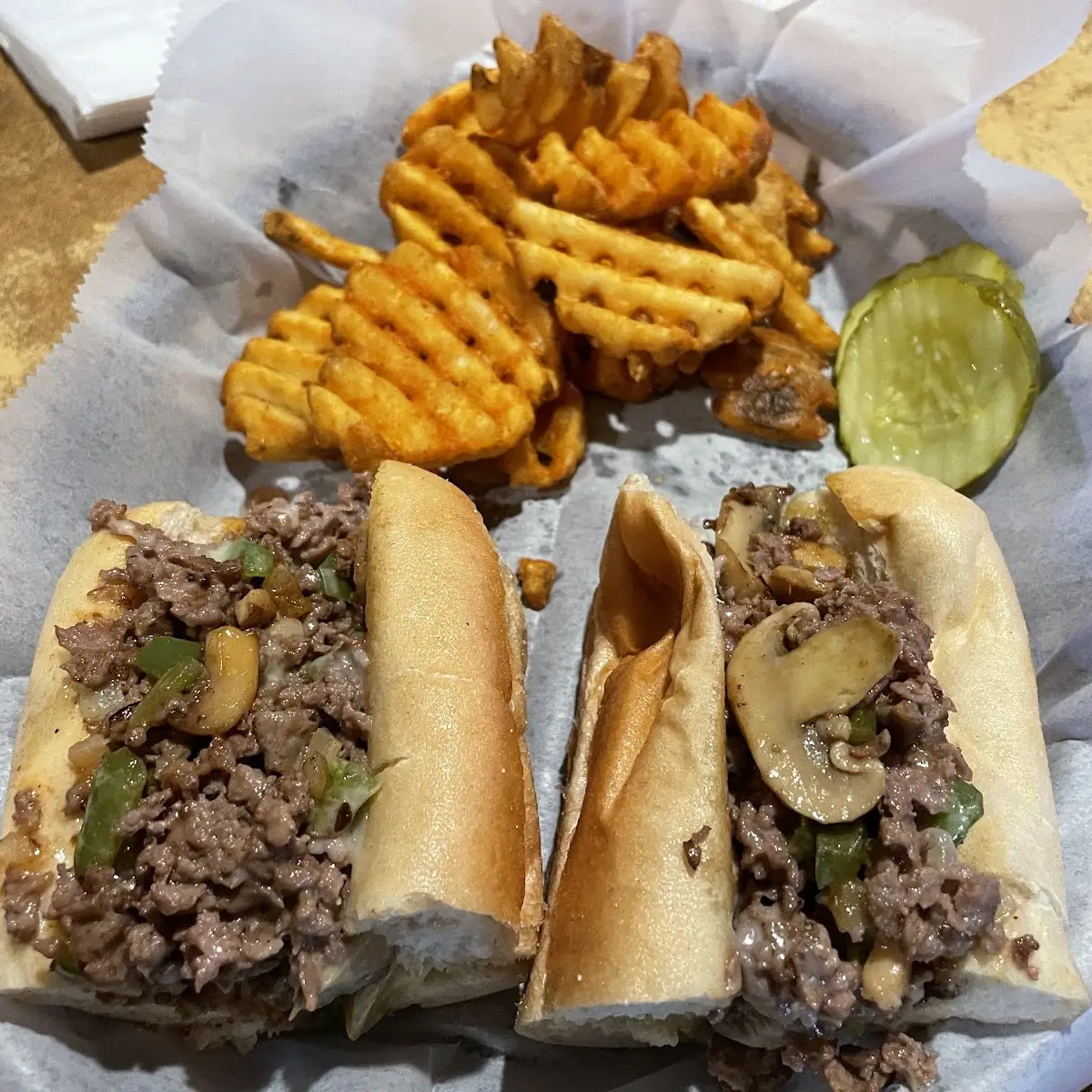 Cheesesteak and Waffle Fries