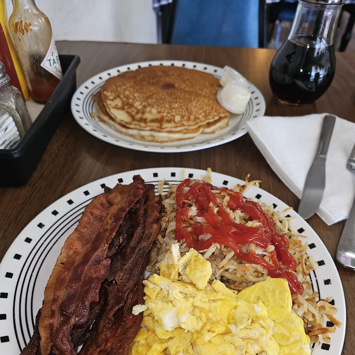 Bacon Eggs Hash Browns and Pancakes