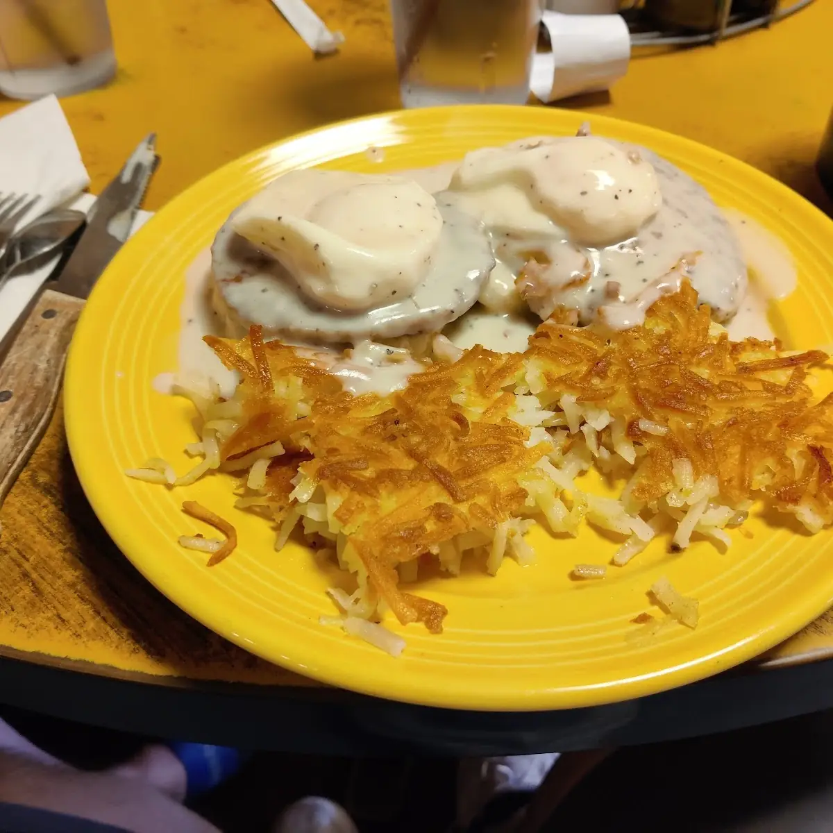Biscuits and Gravy with Poached Eggs and Hashbrowns