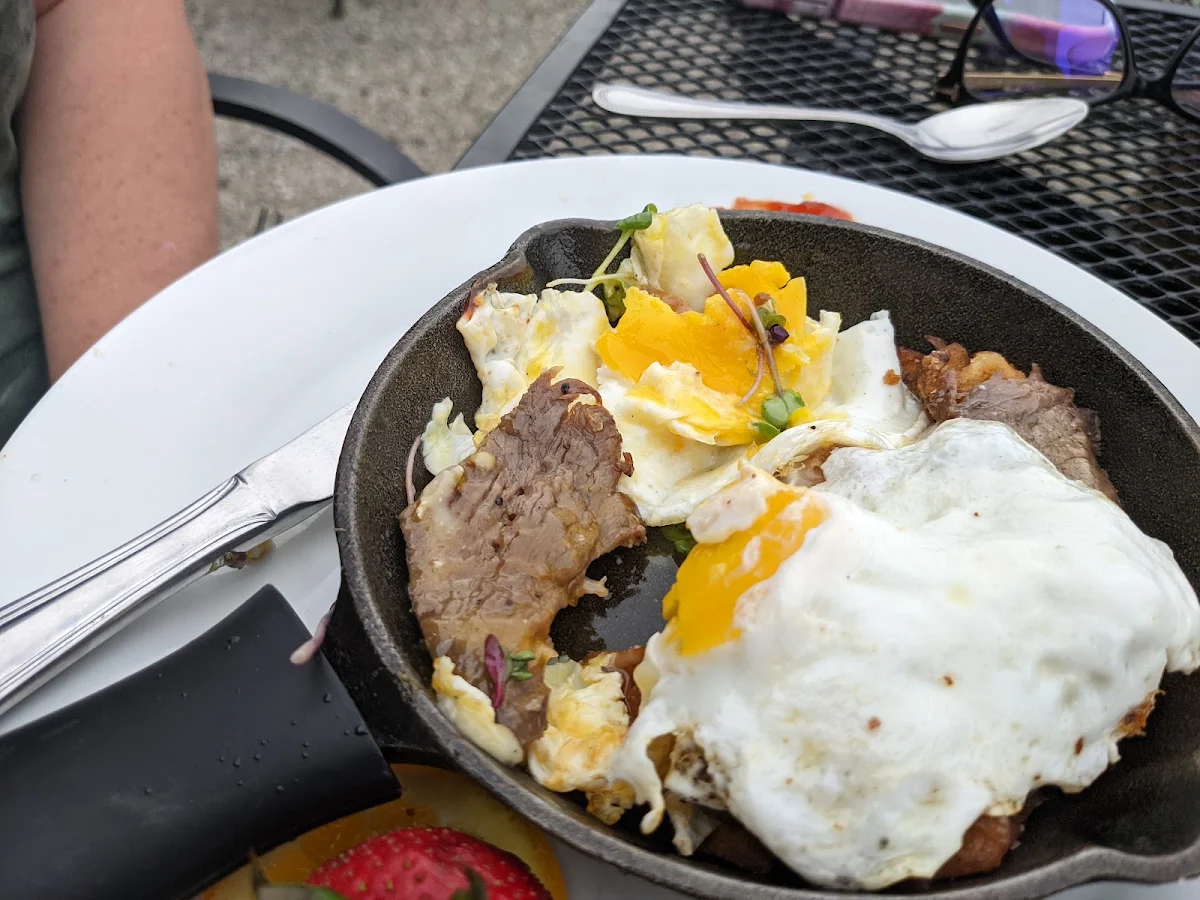 Hash Browns Skirt Steak and Two over Easy Eggs