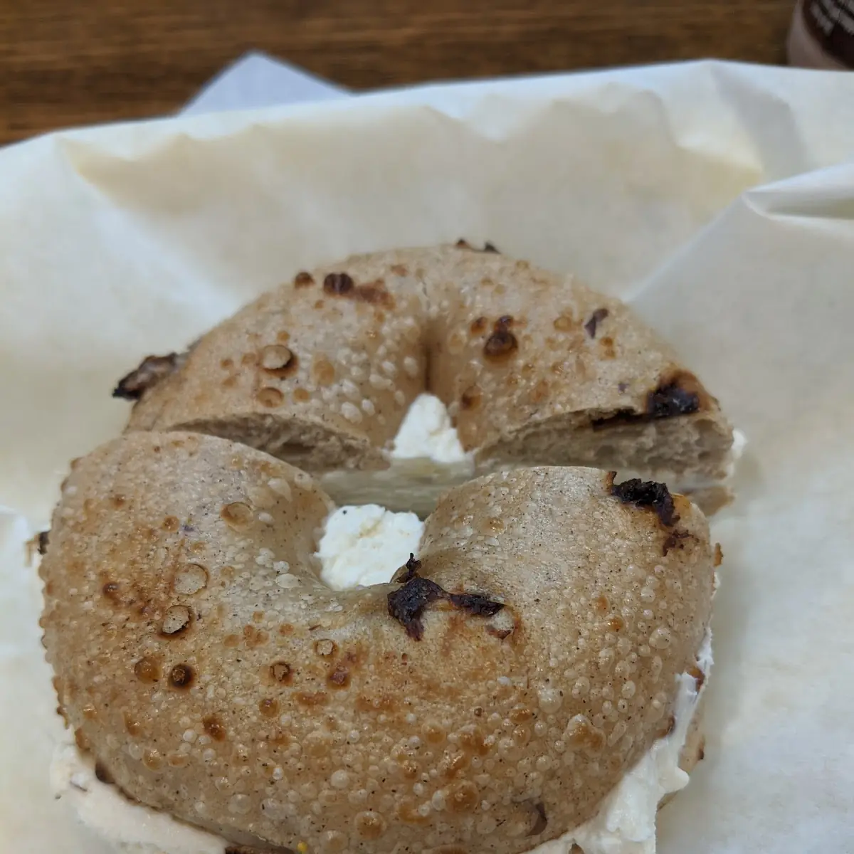 Honey Almond Spread on a Cinnamon Raisin Bagel