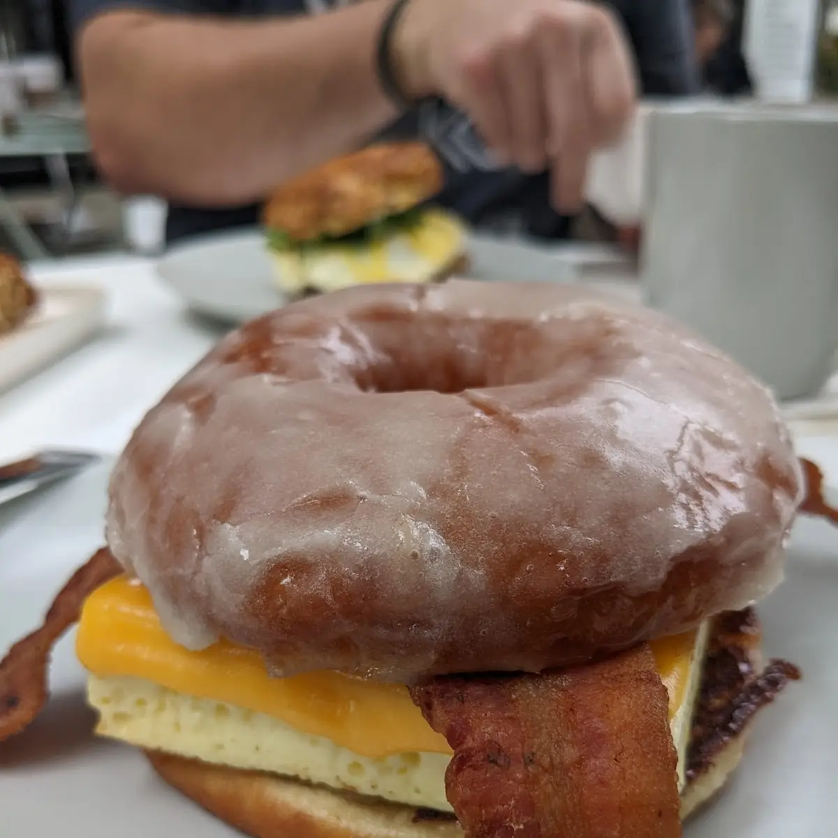 Bacon Egg and Cheese Sandwich on a Glazed Donut