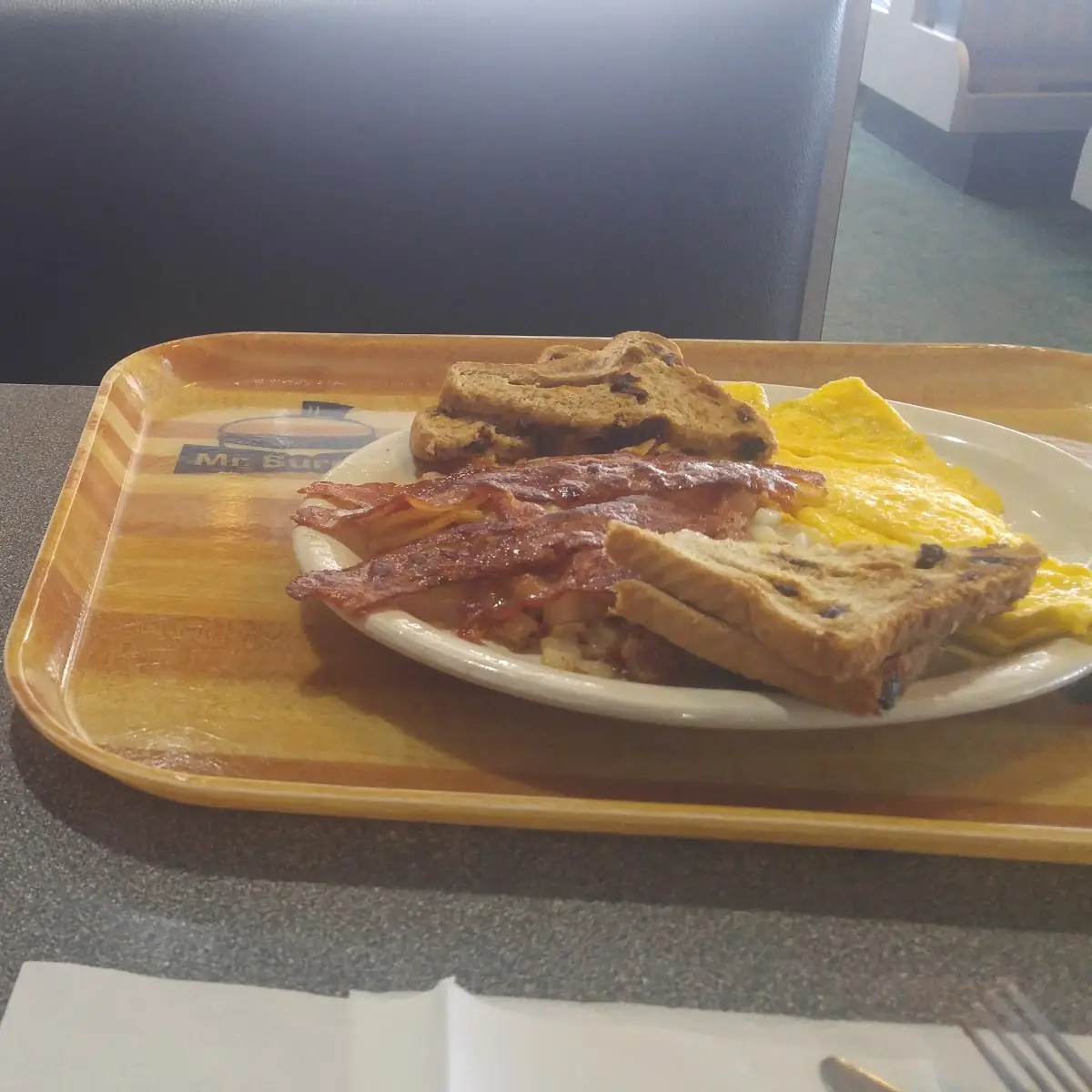 Super Breakfast w Bacon Scrambled Eggs American Potatoes with Onions and Rasin Bread