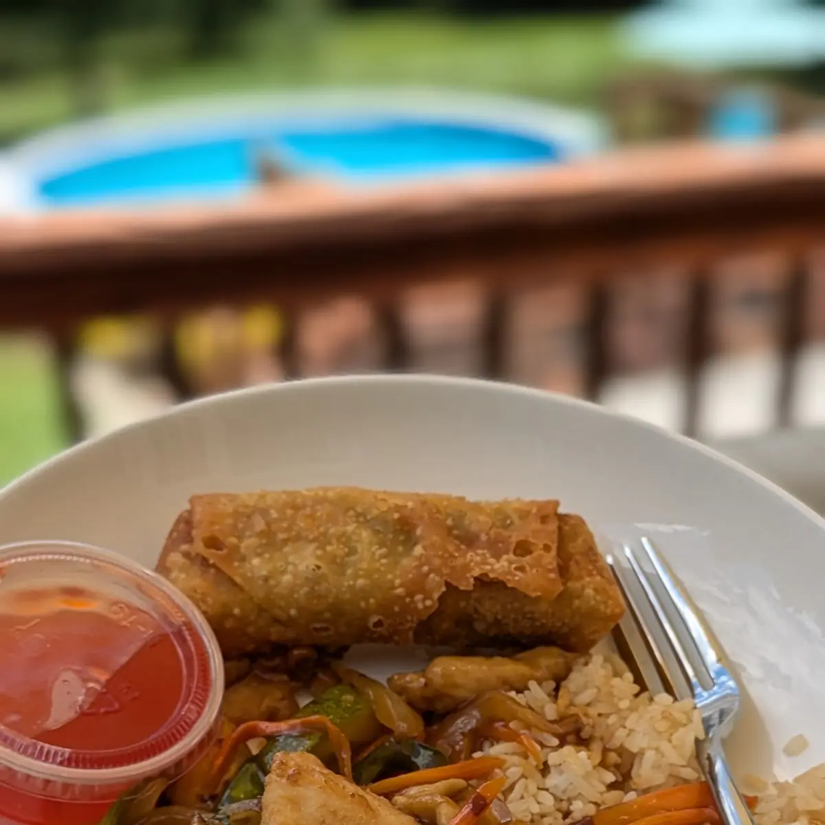 Garlic Chicken with Fried Rice and Egg Roll