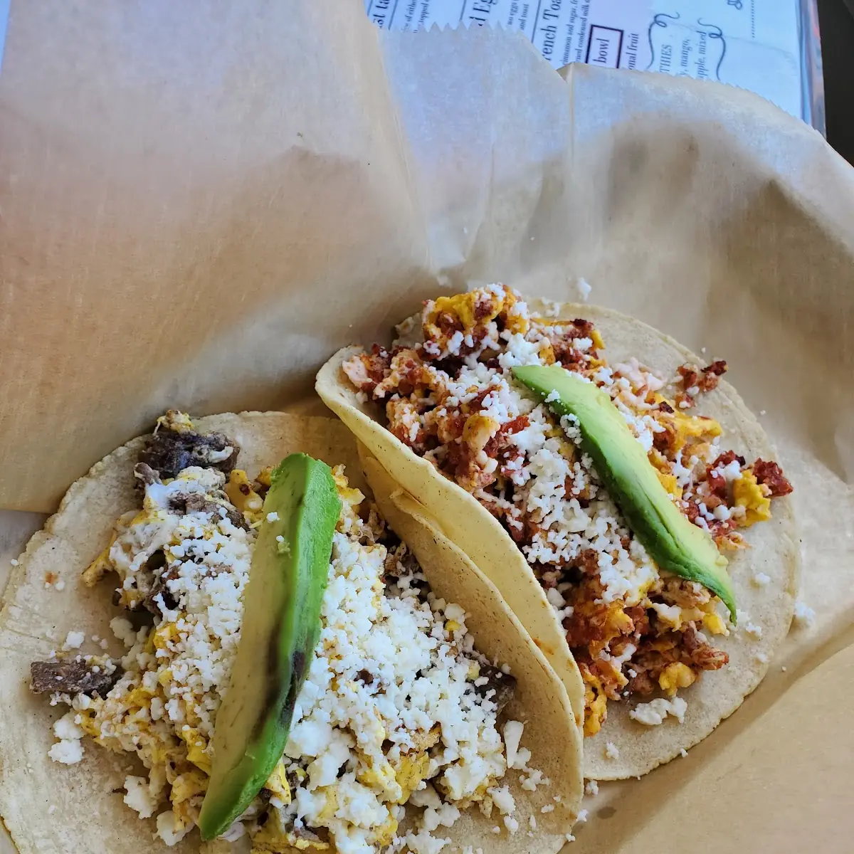 Breakfast Tacos Carne Asada and Chorizo