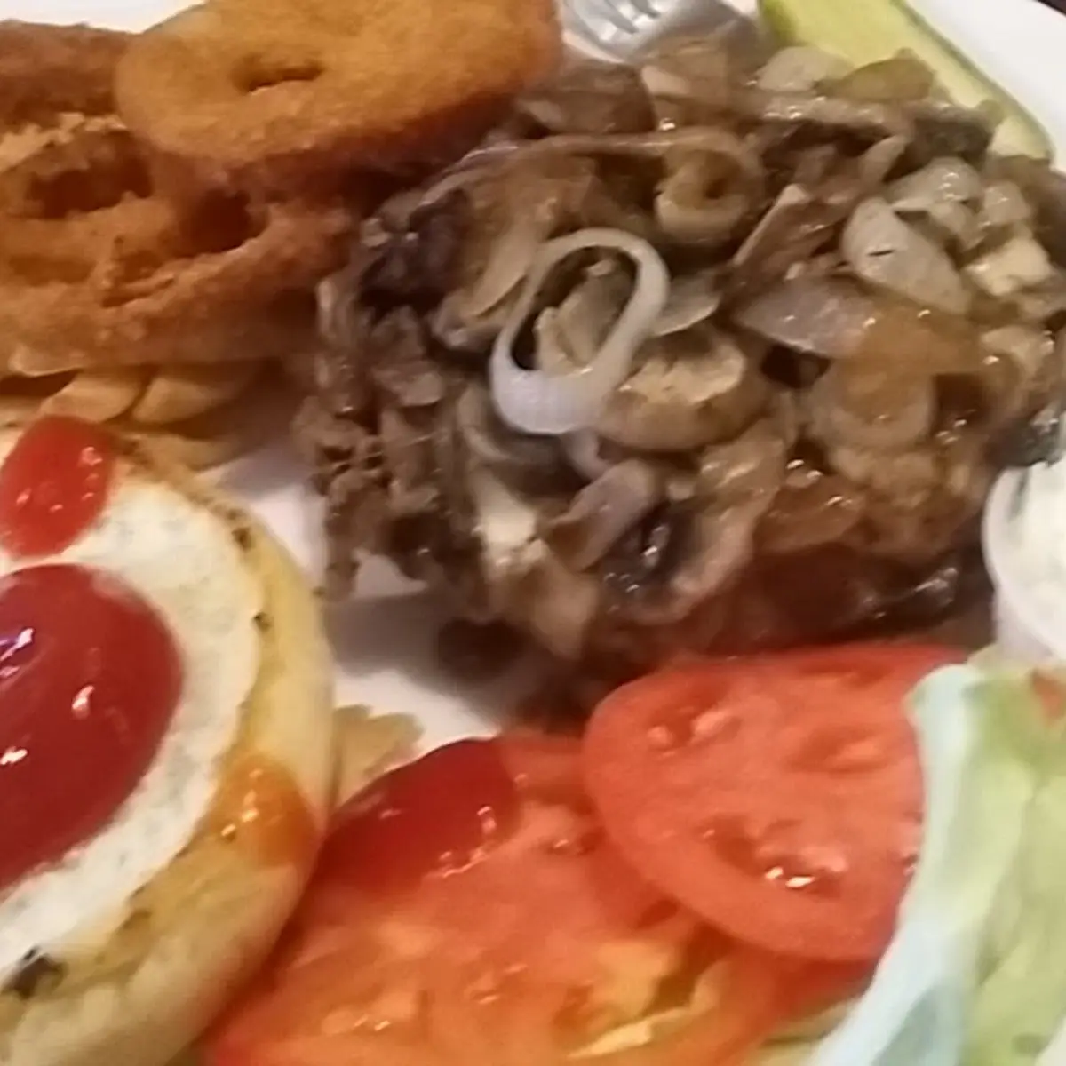 Mushroom Swiss Burger and Fries