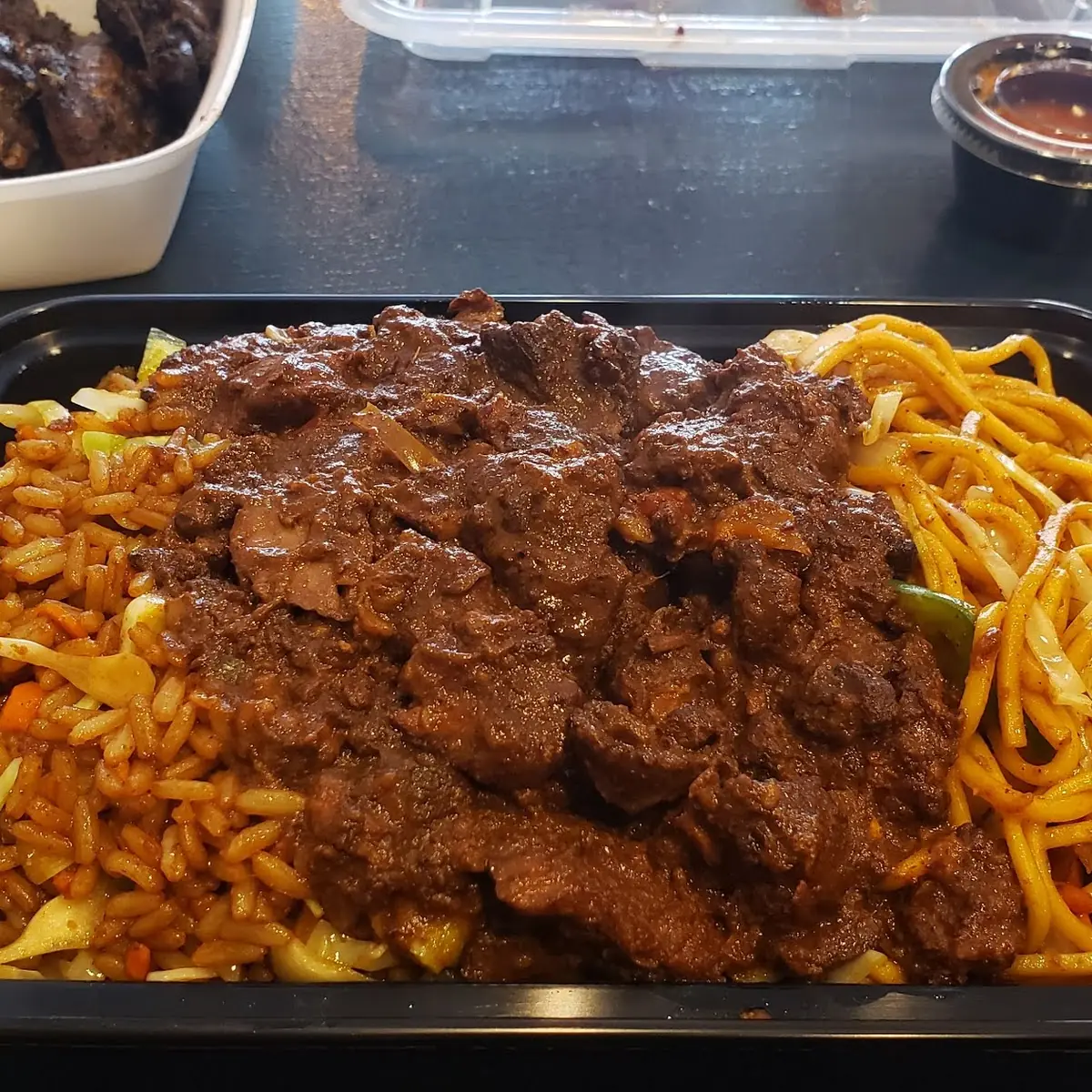 Stewed Beef w Fried Rice and Vegetable Chow Mein