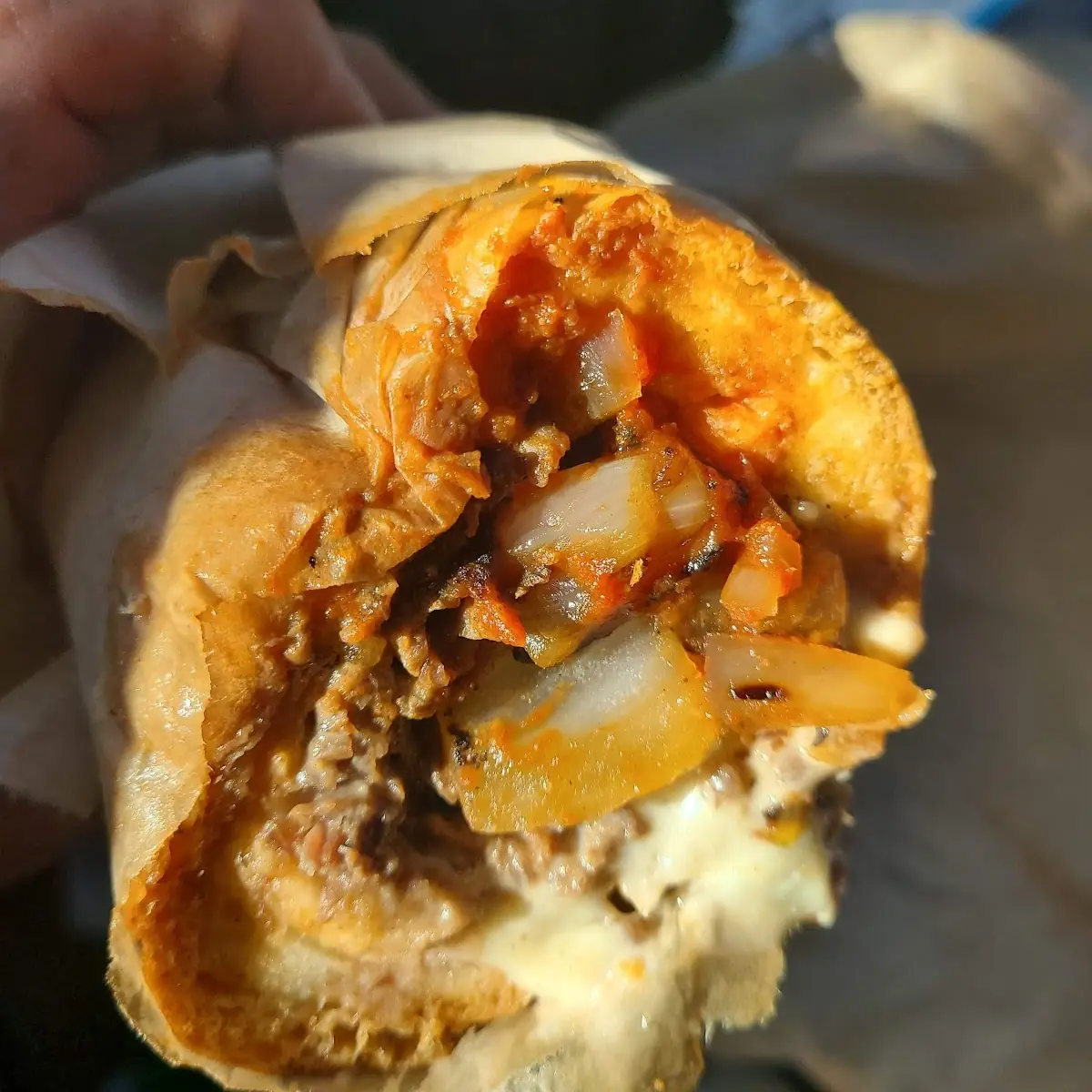 Bell Pepper Mushroom Cheesesteak with Tomato Sauce