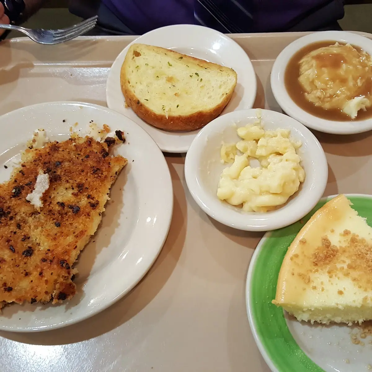 Grilled Fish Mashed Potatoes & Gravy Mac & Cheese & Cheese Cake