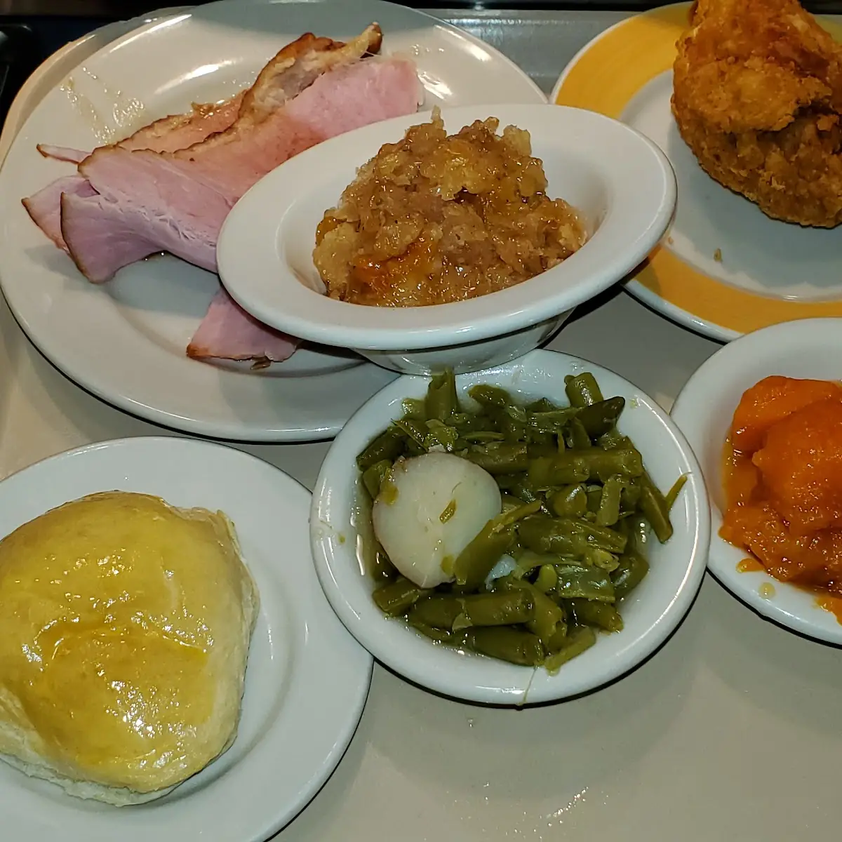Ham Sweet Potato Mashed Potatoes Cabbage Green Beans Chicken
