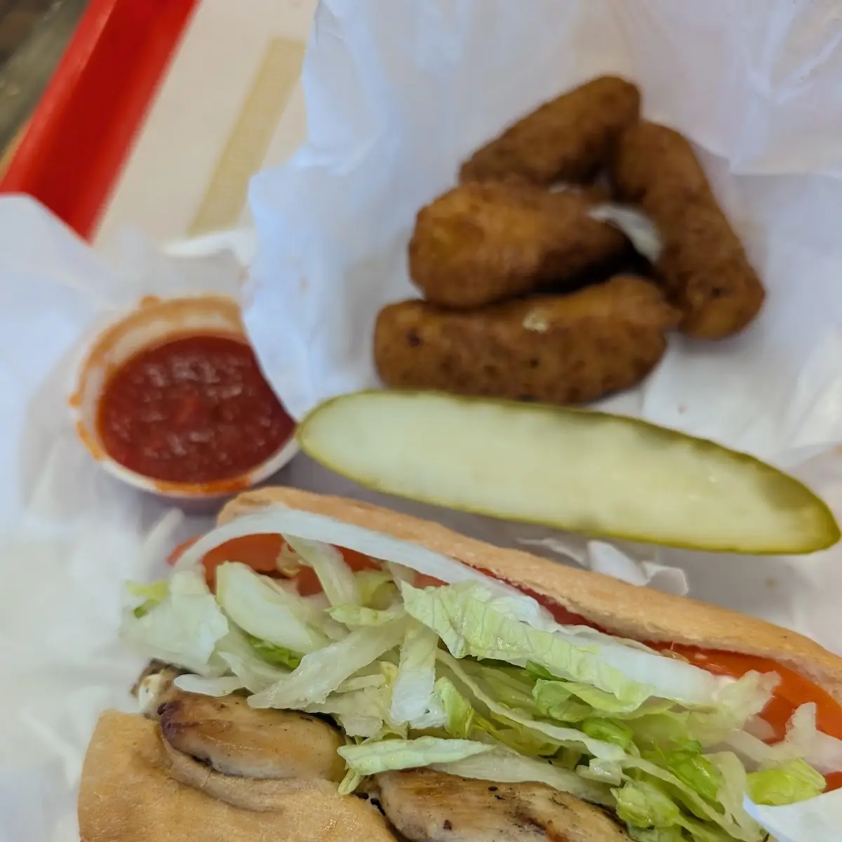 Grilled Chicken Sandwich and Mozzarella Sticks