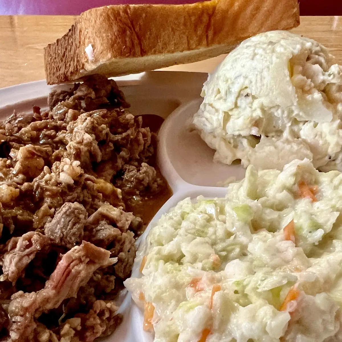 BBQ Beef with Potato Salad and Coleslaw