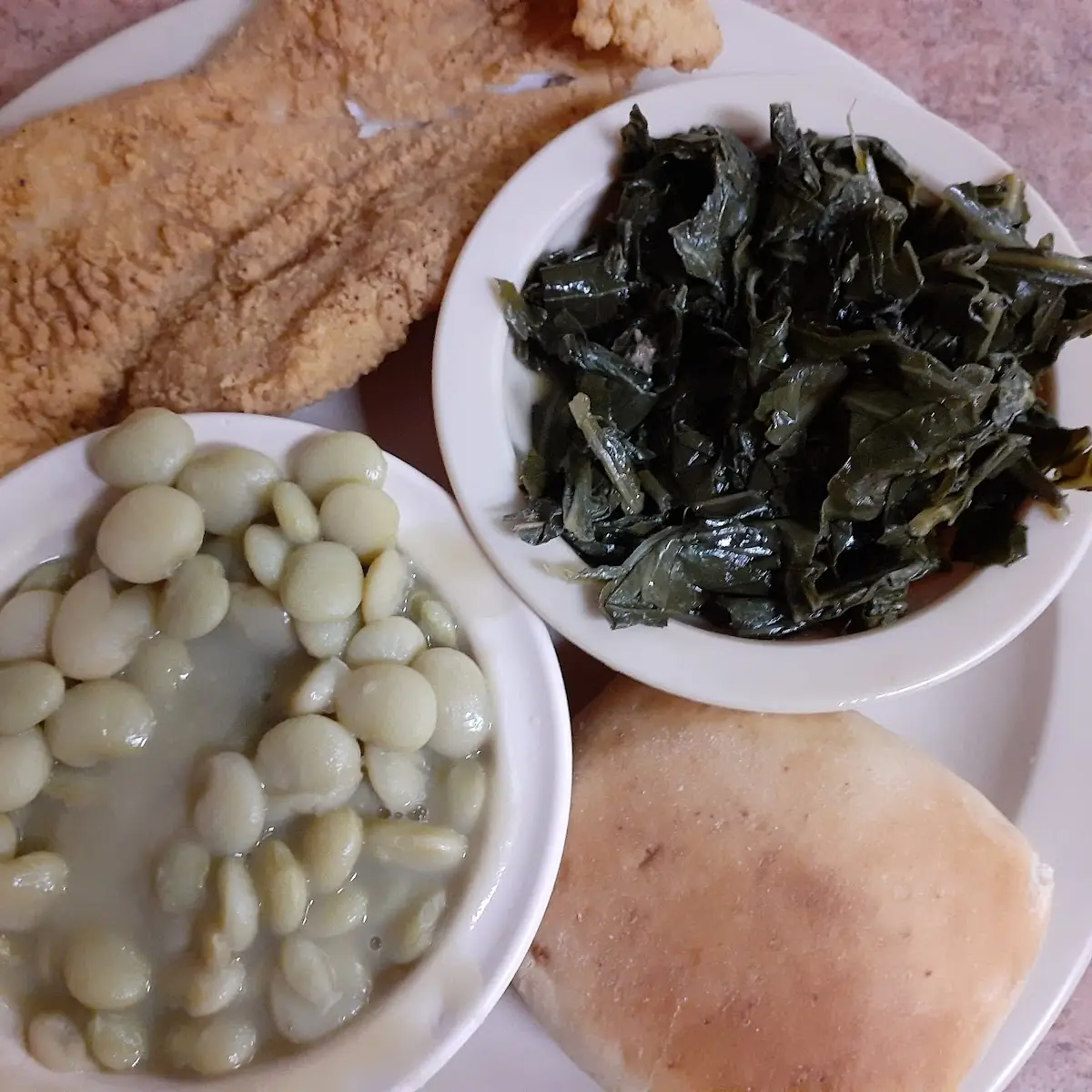 Fried Catfish Fillet Lima Beans and Collards