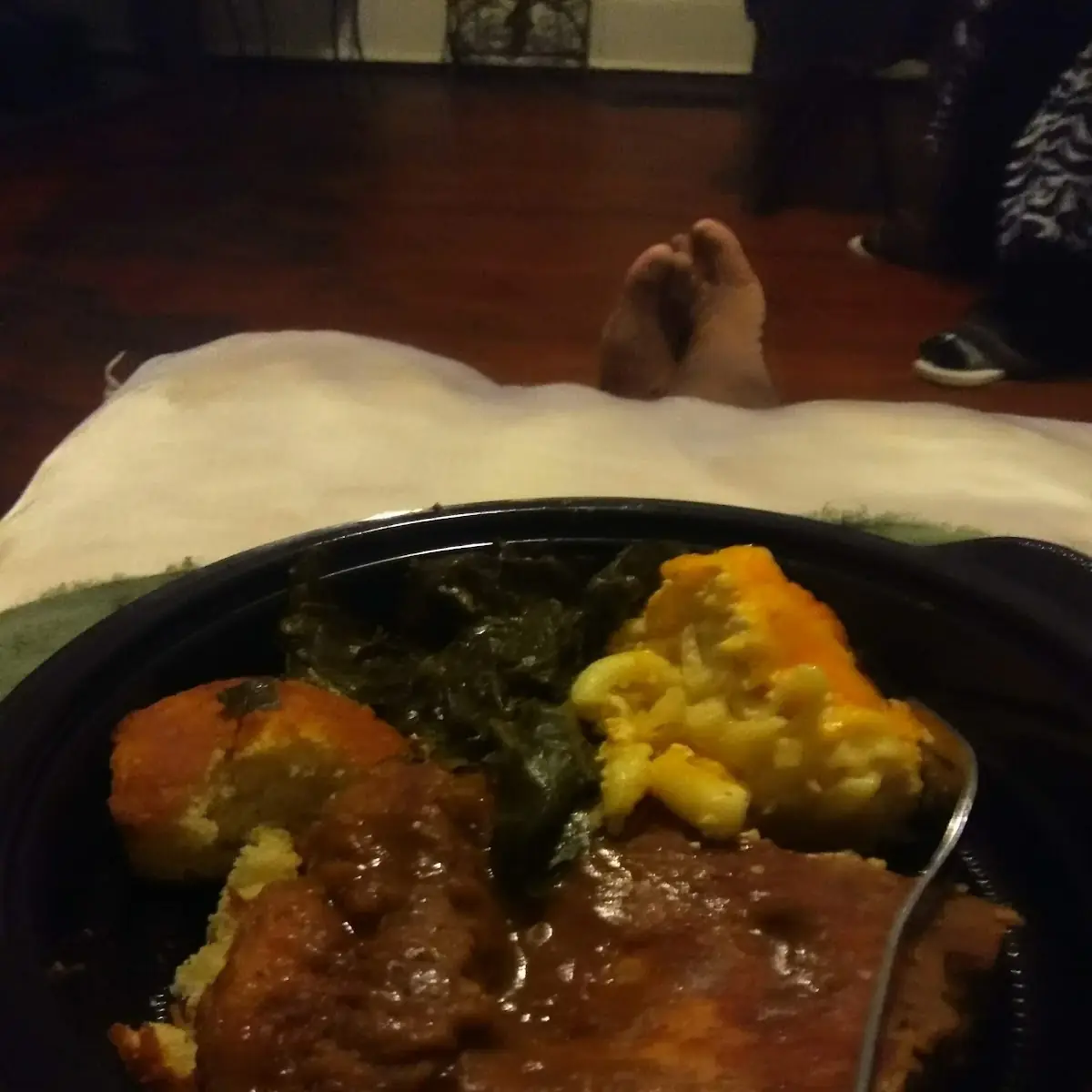Smothered Pork Chops Mac and Cheese and Collard Greens