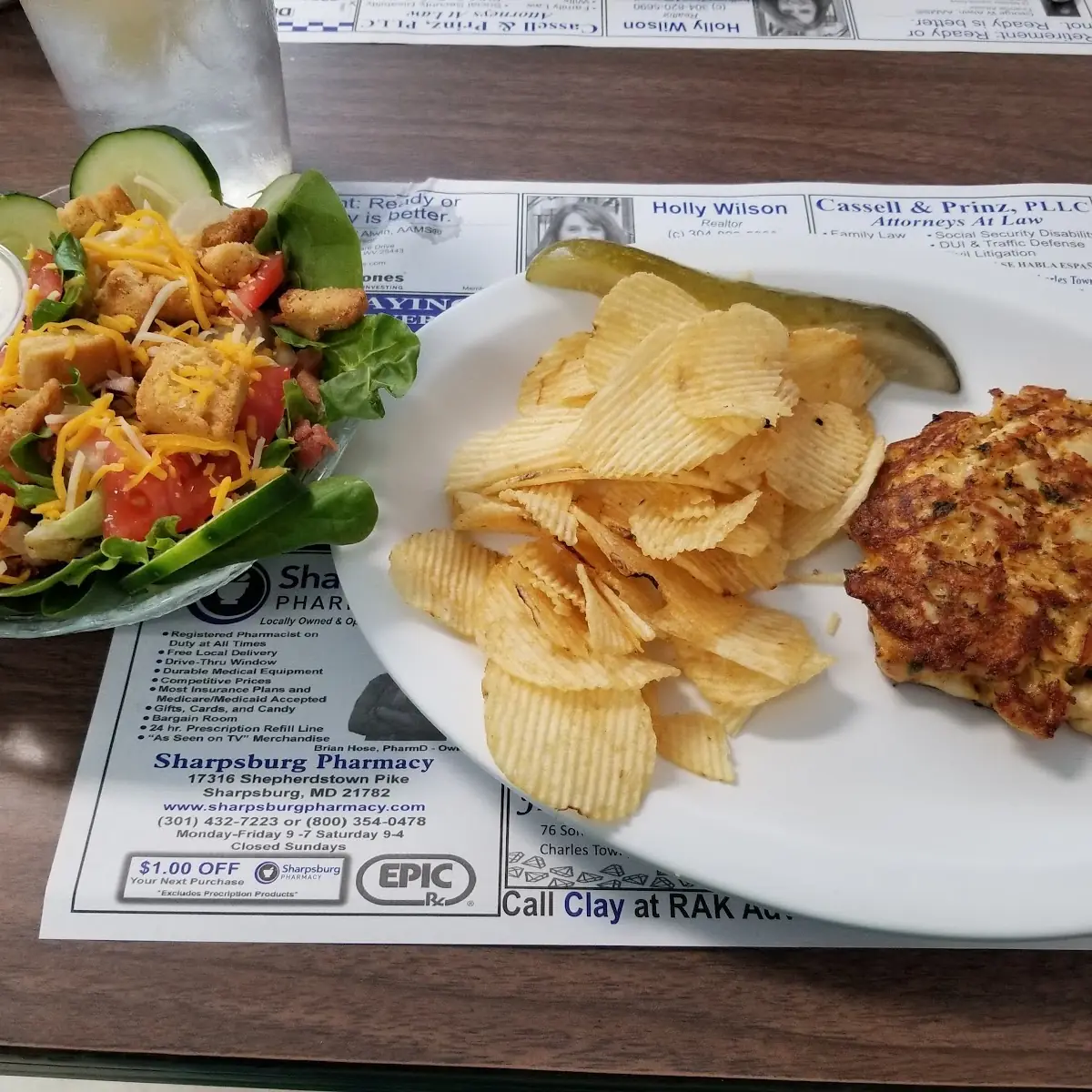 Crab Cake Potato Chips and Side Salad