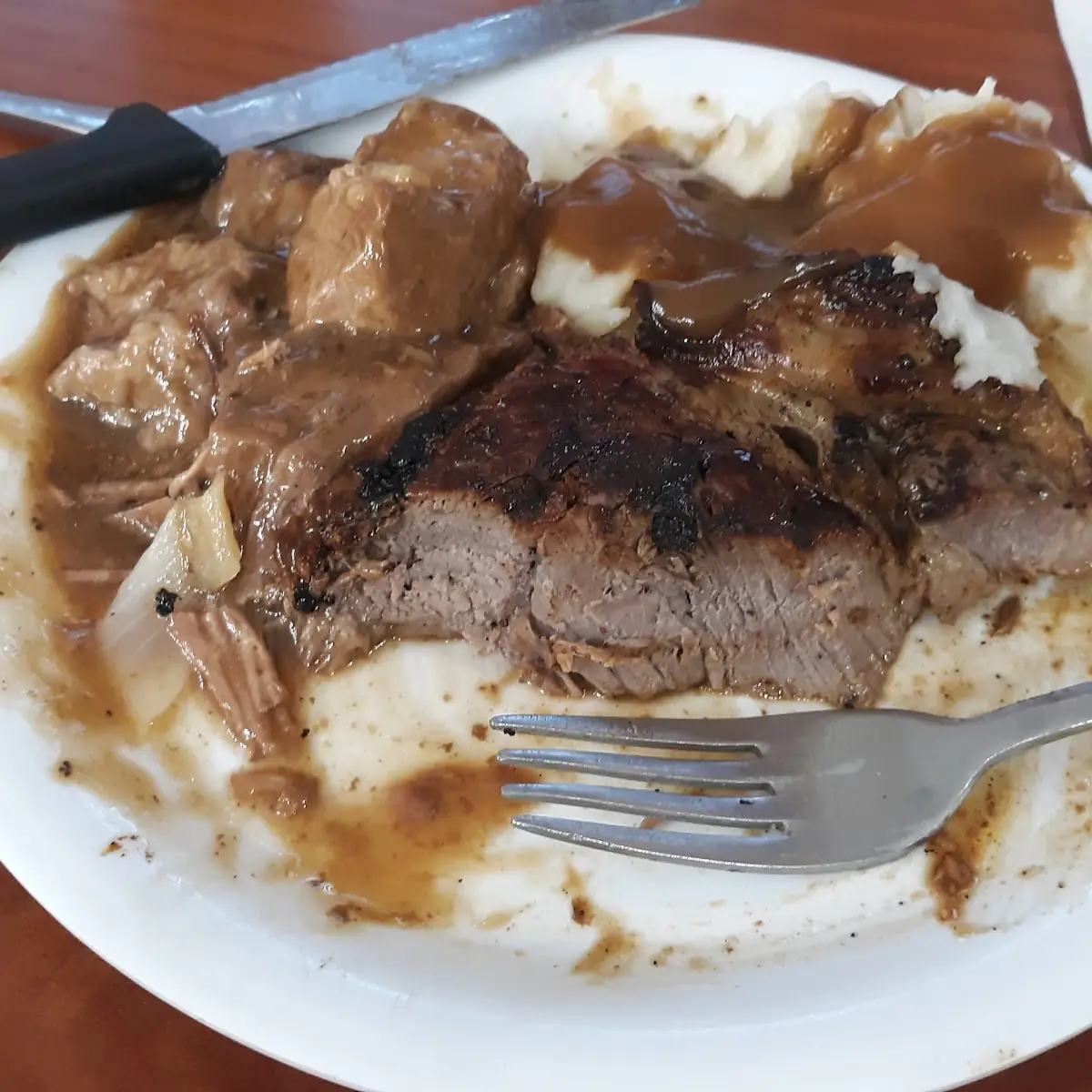 Steak Roast Beef Mashed Potatoes and Brown Gravy