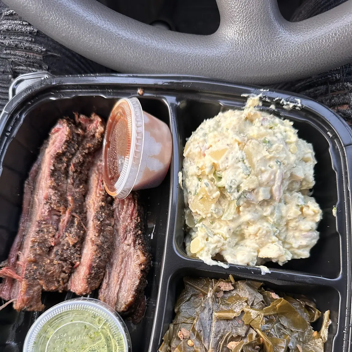 Brisket and Collard Greens and Potato Salad