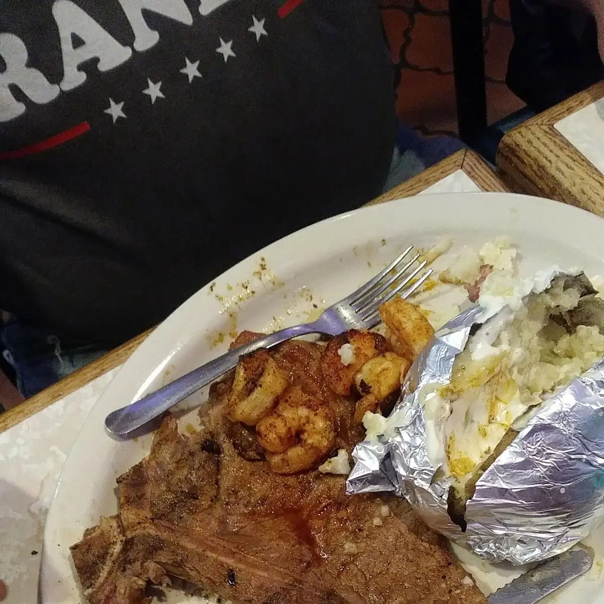 Tbone Steak with Shrimp and Baked Potato