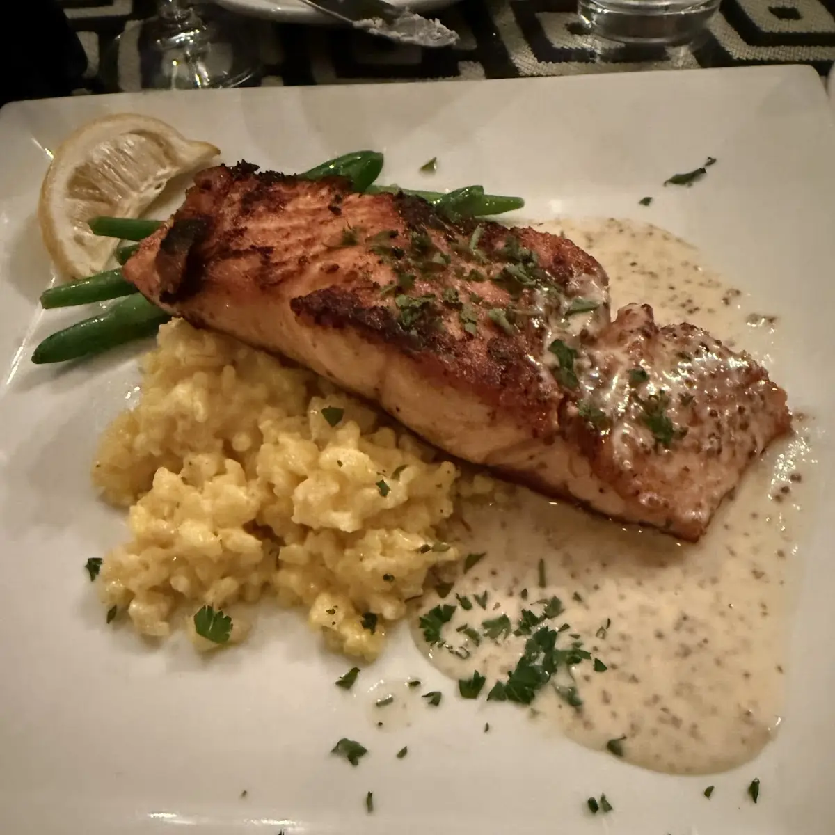 Faroe Island Salmon Local Maple and Mustard Glaze Saffron Risotto