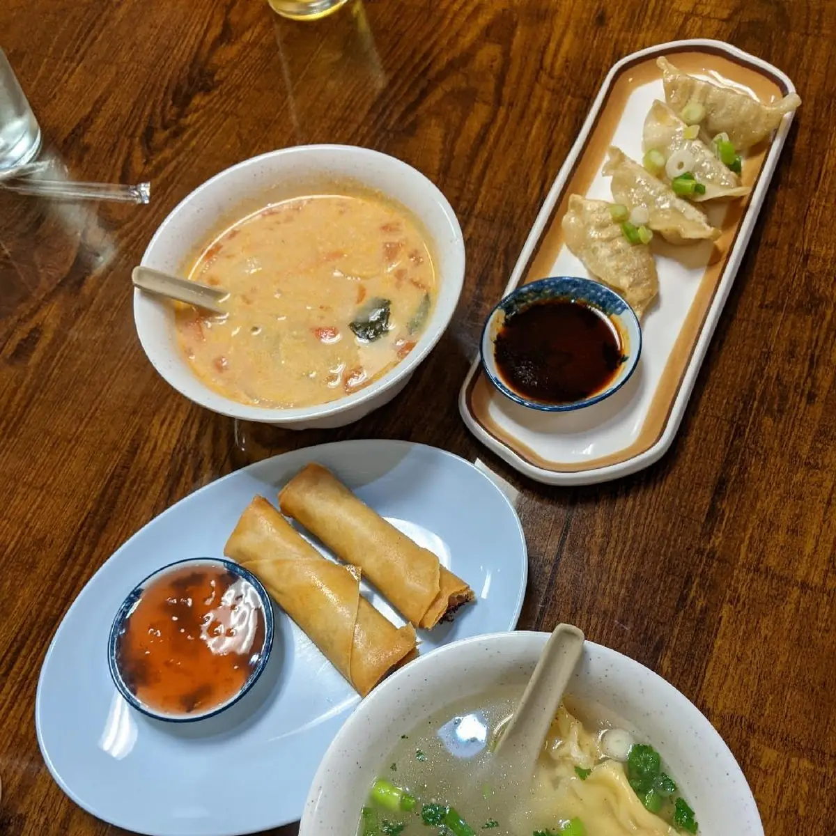 Wonton Soup Vietnamese Style Egg Rolls Gyoza and Tom Kha Soup