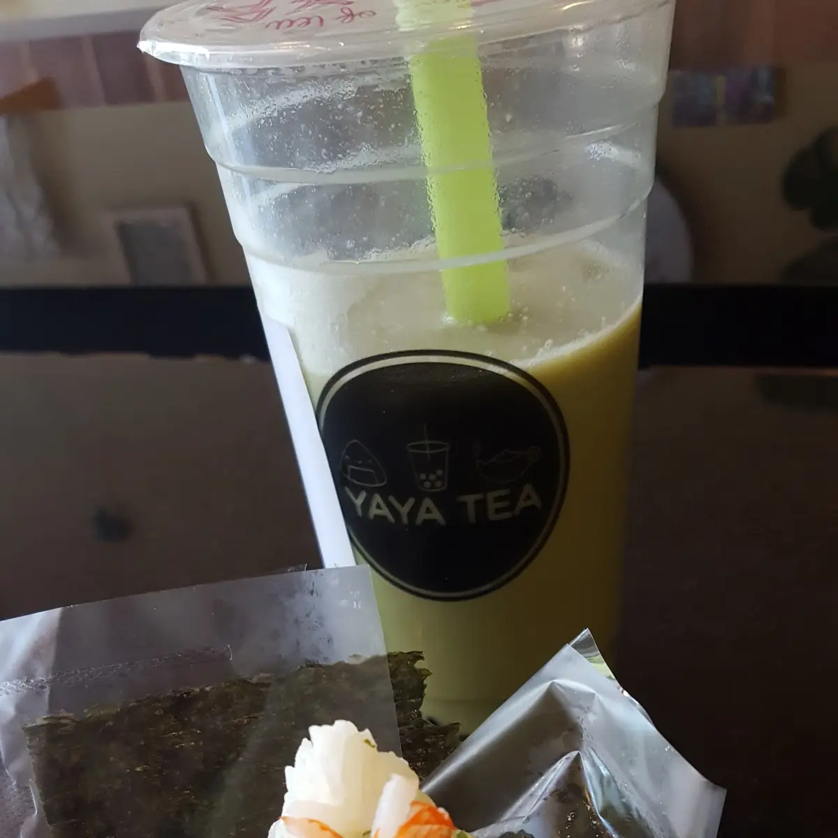 Japanese Onigiri and Matcha Boba Tea
