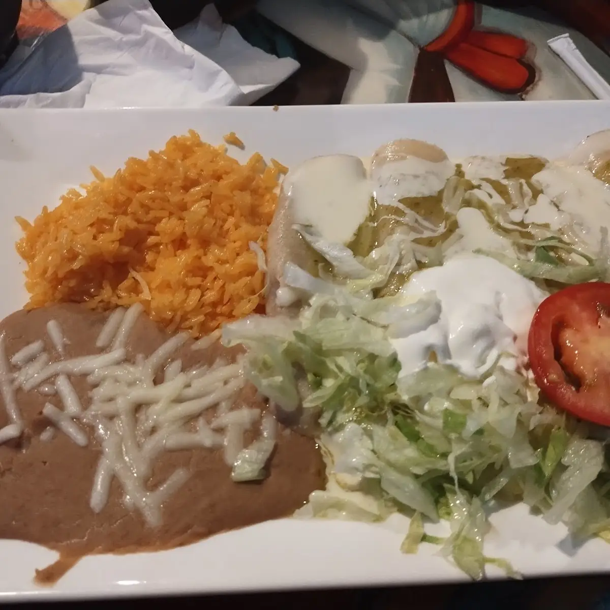 Enchiladas Rice and Beans Refried