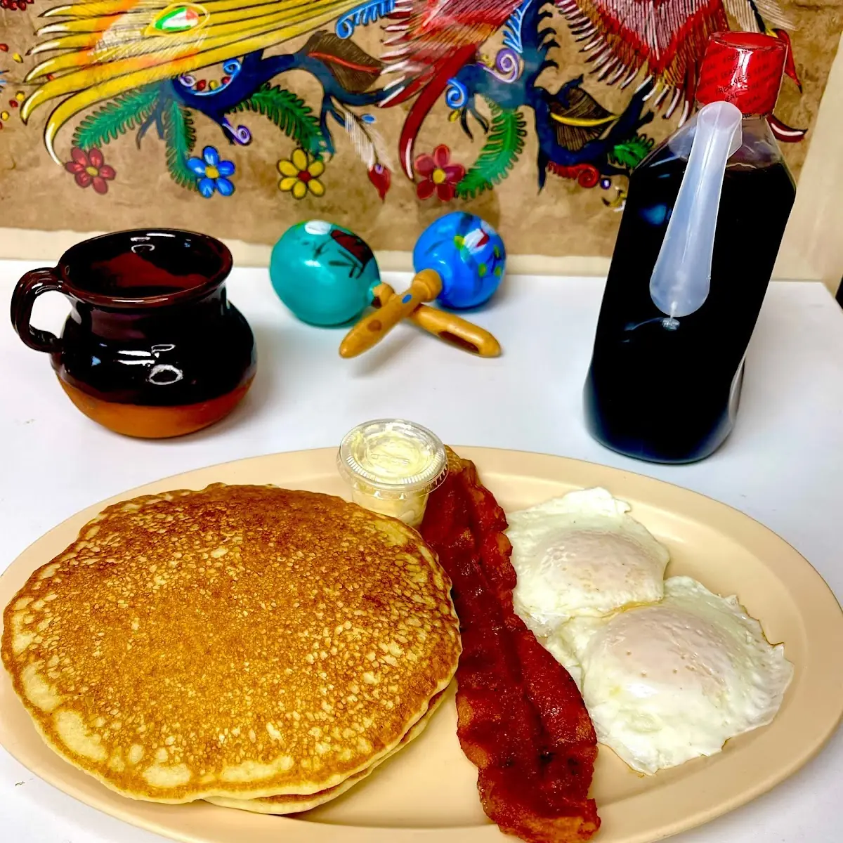 Two Pancakes Two Eggs and Two Bacon Potatoes and Beans