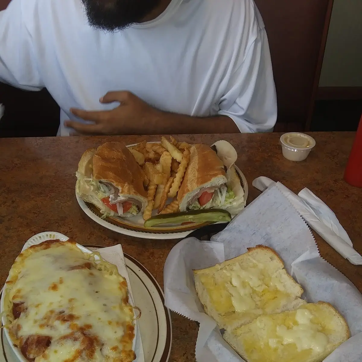 Baked Spaghetti w Garlic Bread and Super Sub