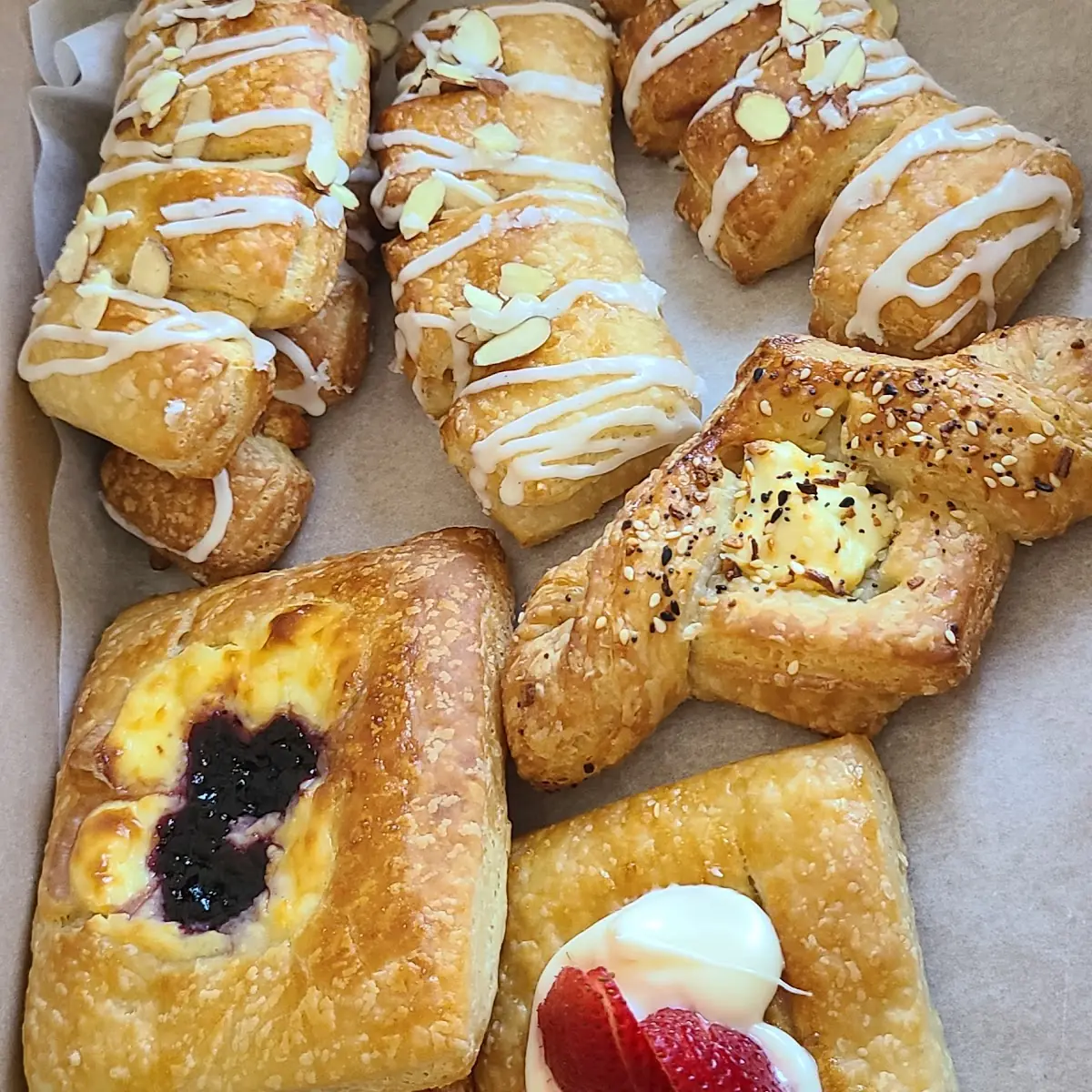 Fresh Fruit Danish Everything Bagle Danish Almond Croissant or Danish
