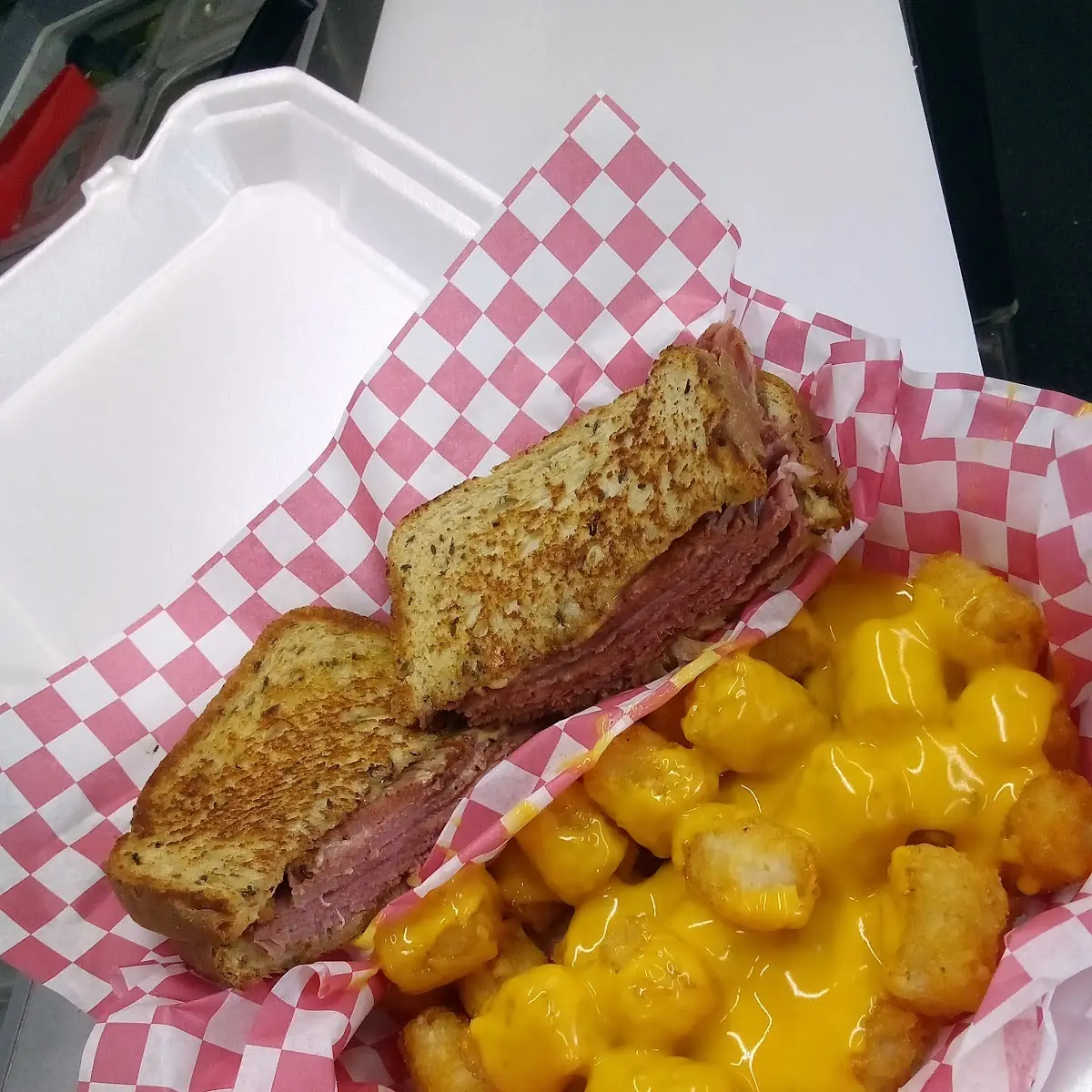 Ruben with Nacho Cheese Tater Tots