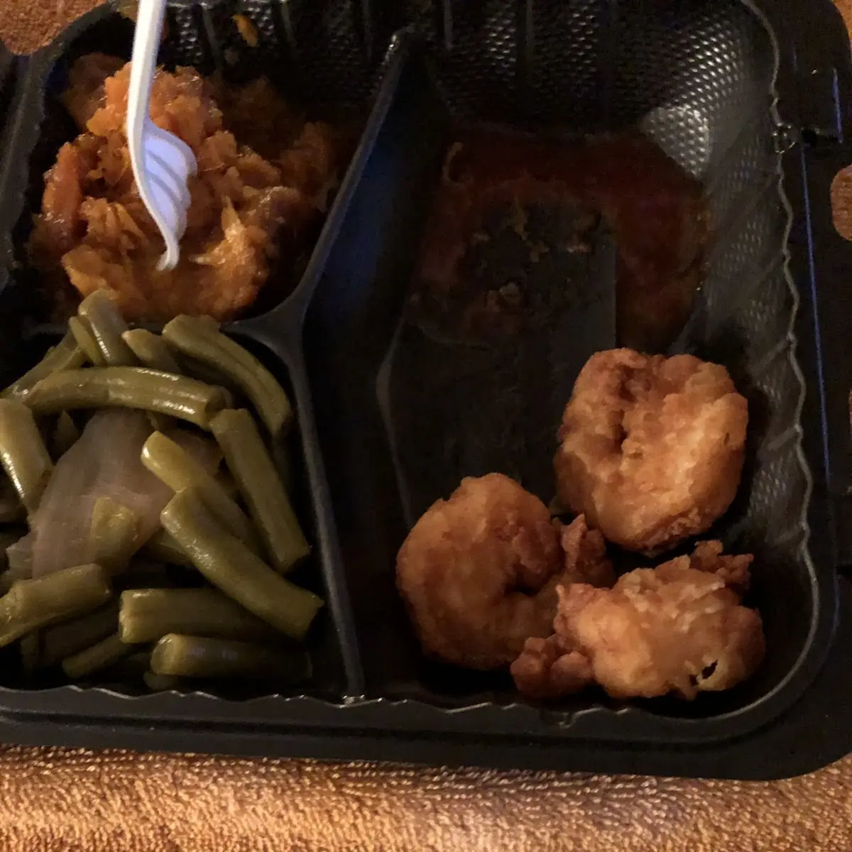 Fried Shrimp String Beans and Candy Yams