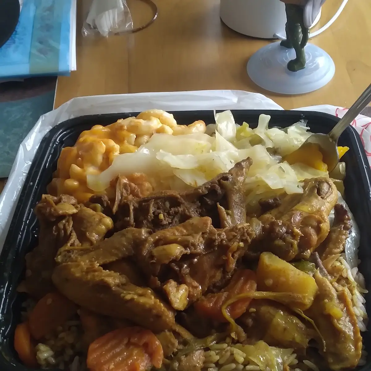 Curry Chicken with Peas and Rice and Cabbage Mac and Cheese