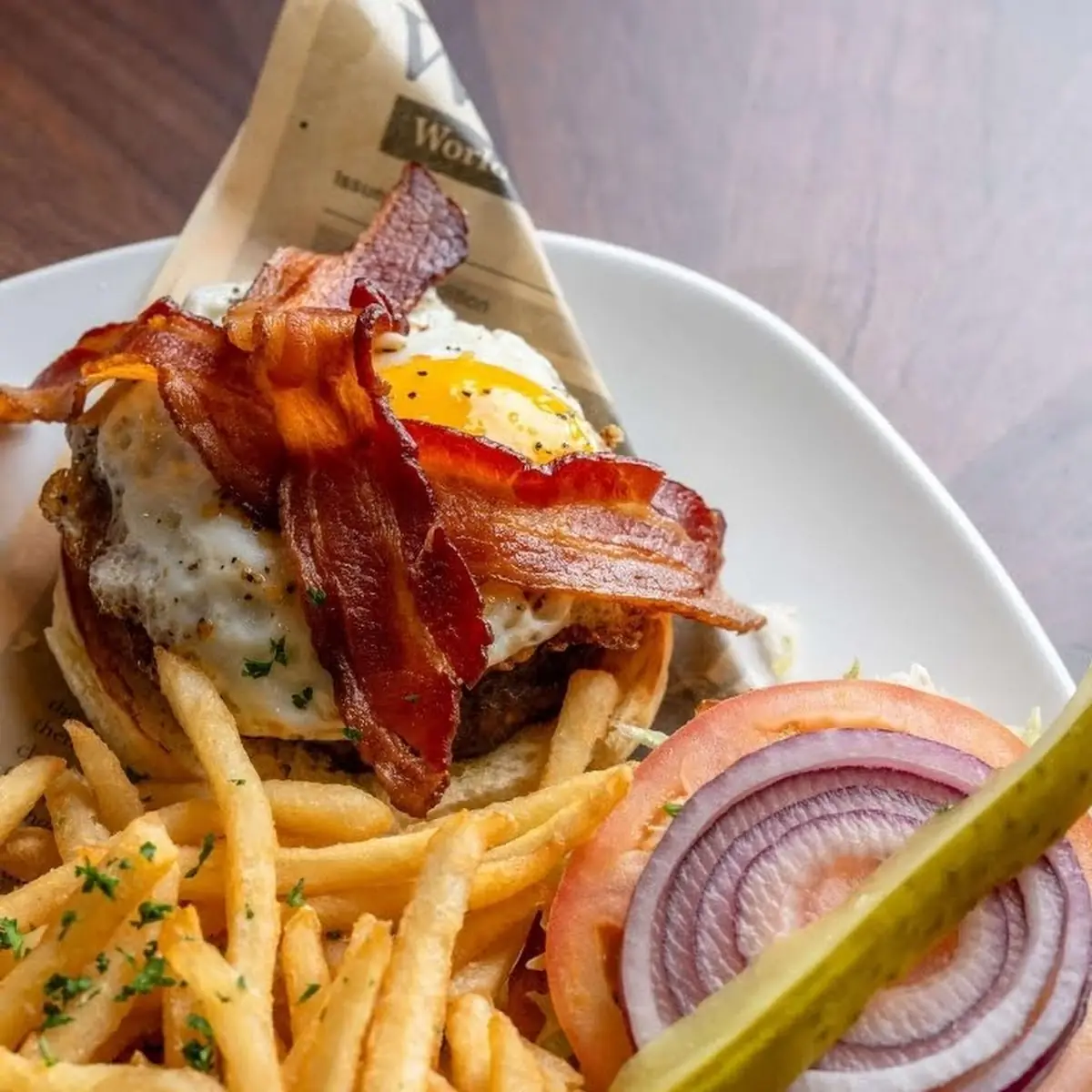 Bacon Burger with Fries and Side Pickle