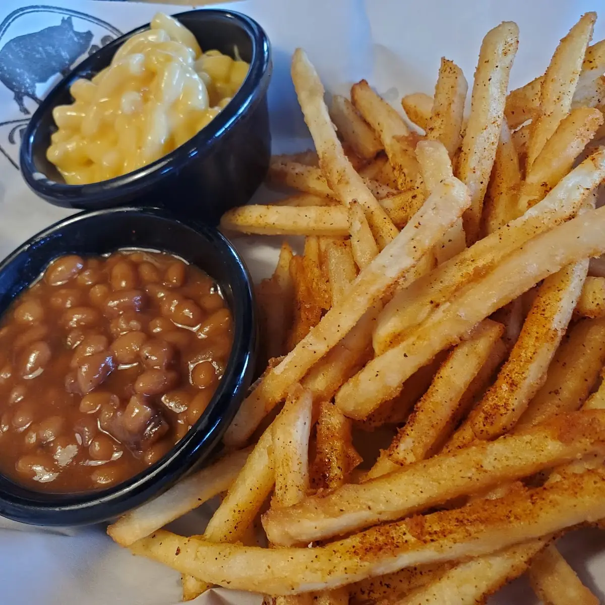 Fries Baked Beans Mac and Cheese