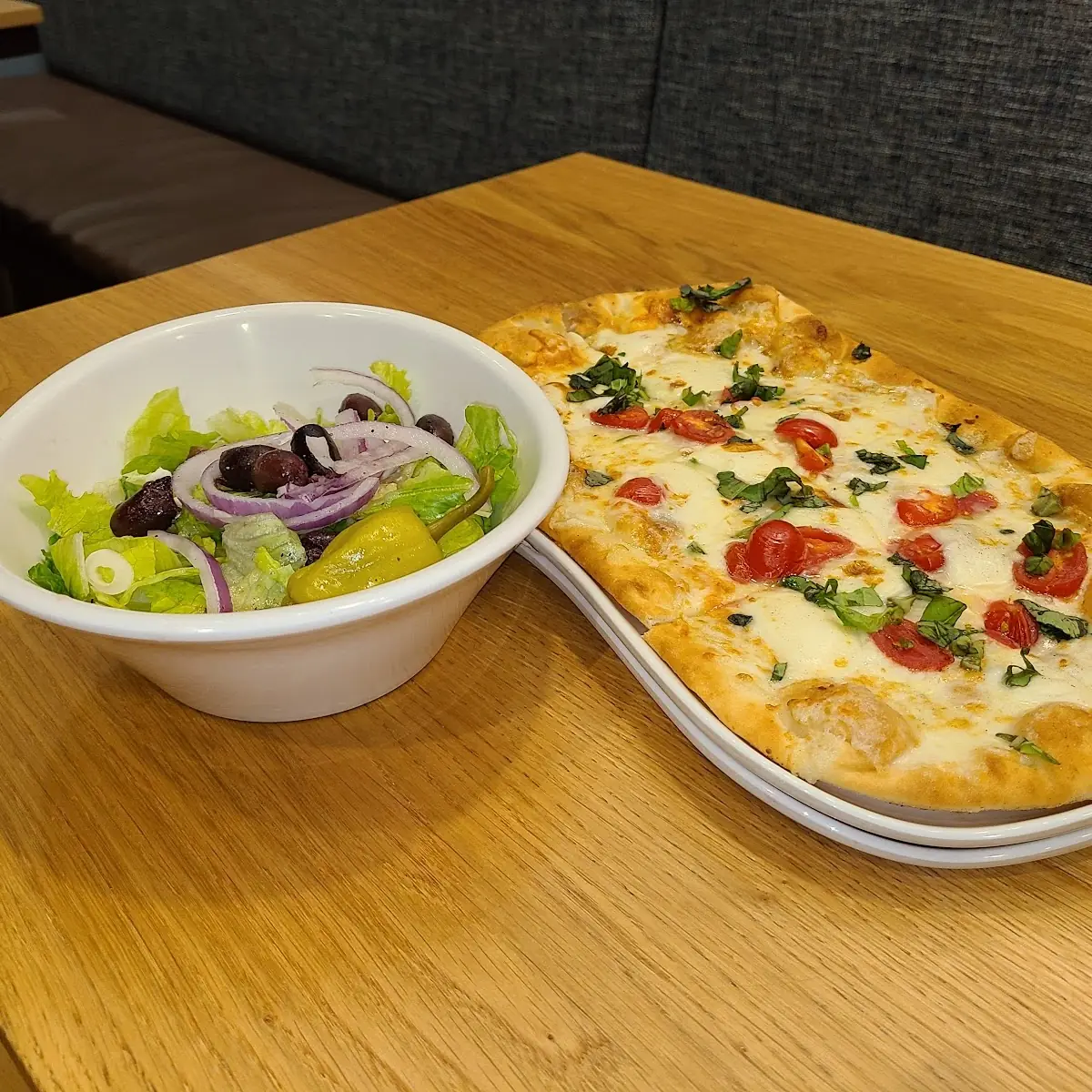 Margherita Flatbread Pizza and Greek Salad