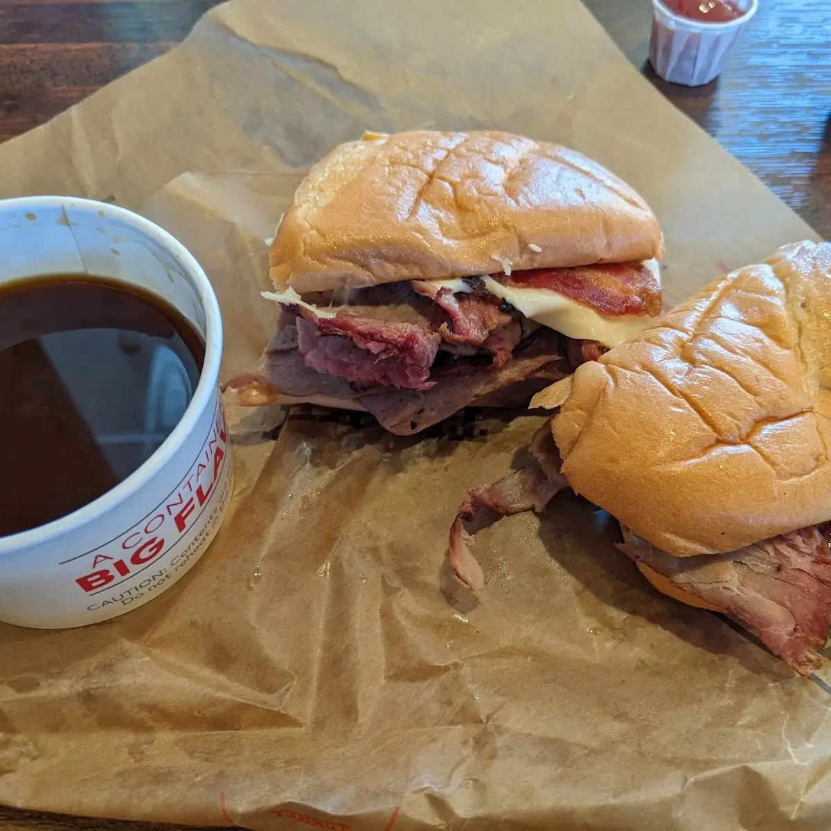 Bacon Corned Beef and Roast Beef French Dip