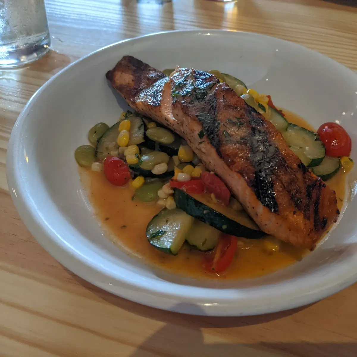 Grilled NC Striped Bass Summer Vegetables Basil
